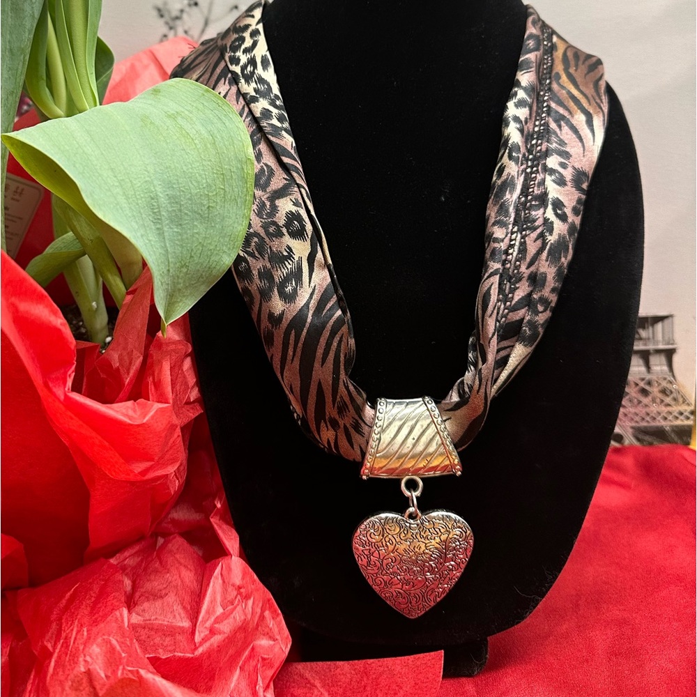 Necklace with silk scarf and heart pendant